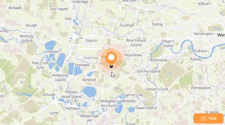 แผนที่ Paxel.app แสดงตำแหน่งพัสดุบริเวณสนามบิน Heathrow ประเทศอังกฤษ